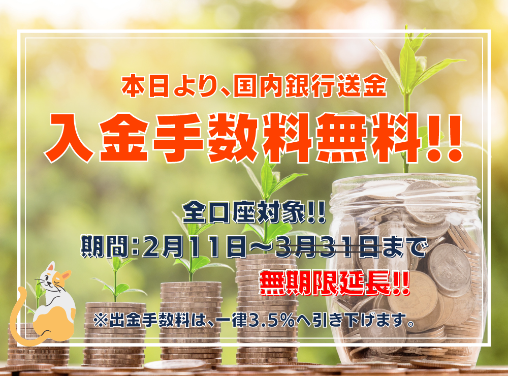 常時開催★入金手数料無料★国内銀行送金キャンペーン